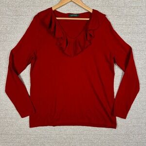 Lauren Ralph Lauren Sz L Sweater Red Ruffle V-Neck Long Sleeve‎ Holiday Top